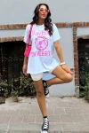 Kadın Ekru Barbie Baskılı Oversize T-Shirt (zck0697)