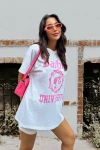 Kadın Ekru Barbie Baskılı Oversize T-Shirt (zck0697)