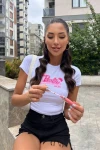 Kadın Ekru Ön Arka Barbie Baskılı Crop Bluz (zck0696)