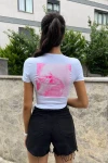 Kadın Ekru Ön Arka Barbie Baskılı Crop Bluz (zck0696)