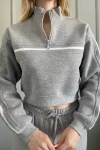 Kadın Gri Yarım Fermuarlı Şeritli Şardonlu Sweat (zck0718)