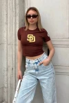 Kadın Kahverengi Baskılı Kısa Kollu Crop Tshirt (zck0658)