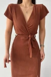 Kadın Kahverengi Kruvaze Yaka Yırtmaçlı Elbise (zck0429)