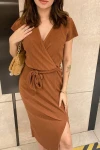 Kadın Kahverengi Kruvaze Yaka Yırtmaçlı Elbise (zck0429)