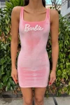 Kadın Pembe Baskılı Kadife Mini Elbise (zck0714)