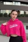 Kadın Pembe Baskılı Rahat Kesim Kapüşonlu Crop Sweatshirt (zck0709)