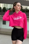 Kadın Pembe Baskılı Rahat Kesim Kapüşonlu Crop Sweatshirt (zck0709)