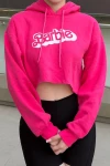 Kadın Pembe Baskılı Rahat Kesim Kapüşonlu Crop Sweatshirt (zck0709)