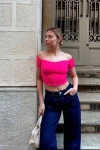Kadın Pembe Madonna Yaka Crop Bluz (zck0676)