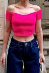 Kadın Pembe Madonna Yaka Crop Bluz (zck0676)