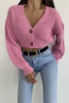 Kadın Pembe Oversize Düğmeli Crop Hırka (zck0543)