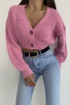 Kadın Pembe Oversize Düğmeli Crop Hırka (zck0543)