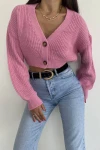 Kadın Pembe Oversize Düğmeli Crop Hırka (zck0543)