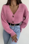 Kadın Pembe Oversize Düğmeli Crop Hırka (zck0543)