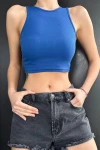 Kadın Saks Mavisi Beli Zincir Detaylı Kolsuz Crop Bluz (zck0654)