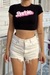 Kadın Siyah Barbie Baskılı Crop Bluz (zck0695)