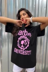 Kadın Siyah Barbie Baskılı Oversize T-Shirt (zck0697)