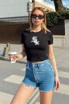Kadın Siyah Baskılı Kısa Kollu Crop Tshirt (zck0658)