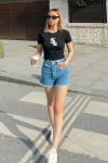 Kadın Siyah Baskılı Kısa Kollu Crop Tshirt (zck0658)