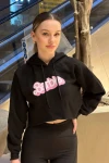 Kadın Siyah Baskılı Rahat Kesim Kapüşonlu Crop Sweatshirt (zck0709)