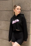 Kadın Siyah Baskılı Rahat Kesim Kapüşonlu Crop Sweatshirt (zck0709)