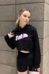 Kadın Siyah Baskılı Rahat Kesim Kapüşonlu Crop Sweatshirt (zck0709)
