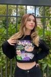 Kadın Siyah Batman Baskılı Uzun Kollu Crop Sweatshirt (zck0708)