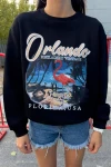 Kadın Siyah Flamingo Baskılı Şardonlu Sweatshirt (zck0703)
