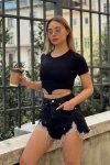 Kadın Siyah Kısa Kollu Bel İp Dolamalı Bluz (zck0669)