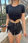 Kadın Siyah Kısa Kollu Bel İp Dolamalı Bluz (zck0669)