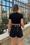 Kadın Siyah Kısa Kollu Bel İp Dolamalı Bluz (zck0669)