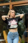 Kadın Siyah Baskılı Crop Bluz (zck0686)