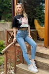 Kadın Siyah Baskılı Crop Bluz (zck0686)