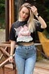 Kadın Siyah Baskılı Crop Bluz (zck0686)