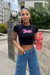 Kadın Siyah Ön Arka Barbie Baskılı Crop Bluz (zck0696)