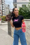 Kadın Siyah Ön Arka Barbie Baskılı Crop Bluz (zck0696)