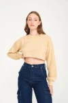 Kadın Vizon Pamuklu 3 İplik Örme Crop Sweatshirt (zck0557)