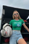 Kadın Yeşil Chicago Baskılı Crop Tişört (zck0485)