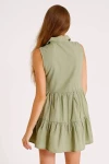 Yeşil Kolsuz Önden Düğmeli Dokuma Elbise (zck017)