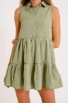 Yeşil Kolsuz Önden Düğmeli Dokuma Elbise (zck017)
