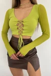 Fıstık Yeşili Önden Bağlama Detaylı Yarı Tül Bluz (zck0602)