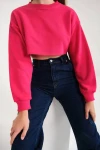 Kadın Fuşya Pamuklu 3 İplik Örme Crop Sweatshirt (zck0557)