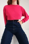 Kadın Fuşya Pamuklu 3 İplik Örme Crop Sweatshirt (zck0557)