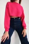 Kadın Fuşya Pamuklu 3 İplik Örme Crop Sweatshirt (zck0557)