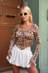 Kadın Leopar Asimetrik Kesim Crop Tül Bluz (zck0569)