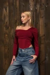 Kadın Bordo Omuz Asimetrik Bodysuit (ZCKSS152)