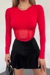 Kırmızı Transparan Tül Detaylı Bluz (zck0607)