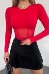 Kırmızı Transparan Tül Detaylı Bluz (zck0607)