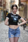 Kadın Siyah Chicago Baskılı Crop Tişört (zck0485)