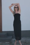 Siyah Desenli Straplez Tüllü Uzun Elbise (zck0742)
